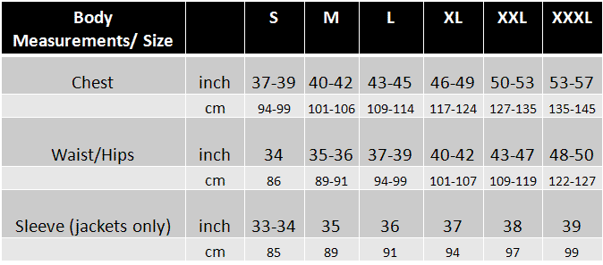 Jacket Liner Sizing Guide